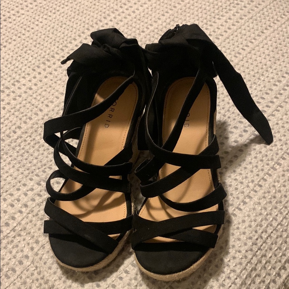 Torrid Black Espadrille Strappy Heels with lace up ribbons.